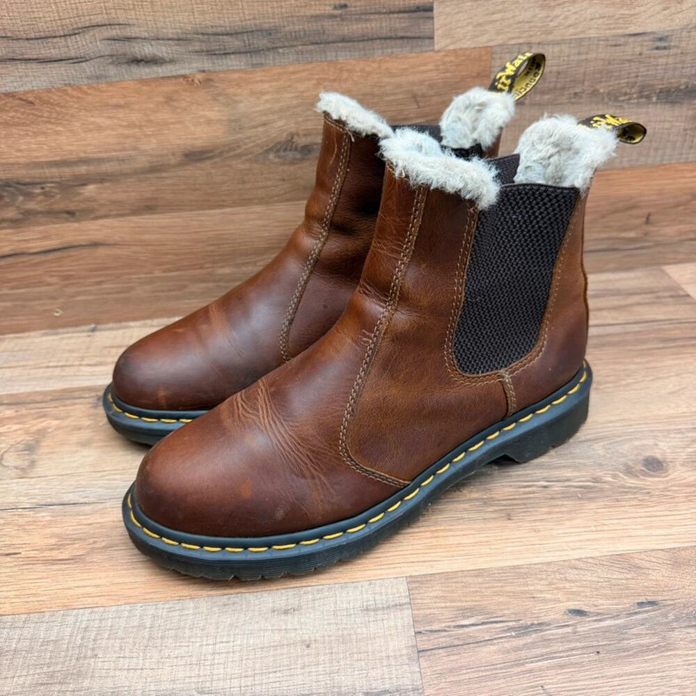 Dr. Martens Leonore Women’s size 9 Chelsea Boots Brown Leather Faux Fur Pull On